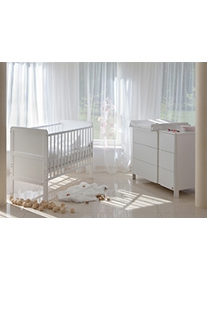WHITE YappyClassic cot bed 140x70, with mattress and YappyClassic dresser